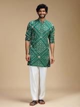 Green art silk mens kurta suit with bandhani print