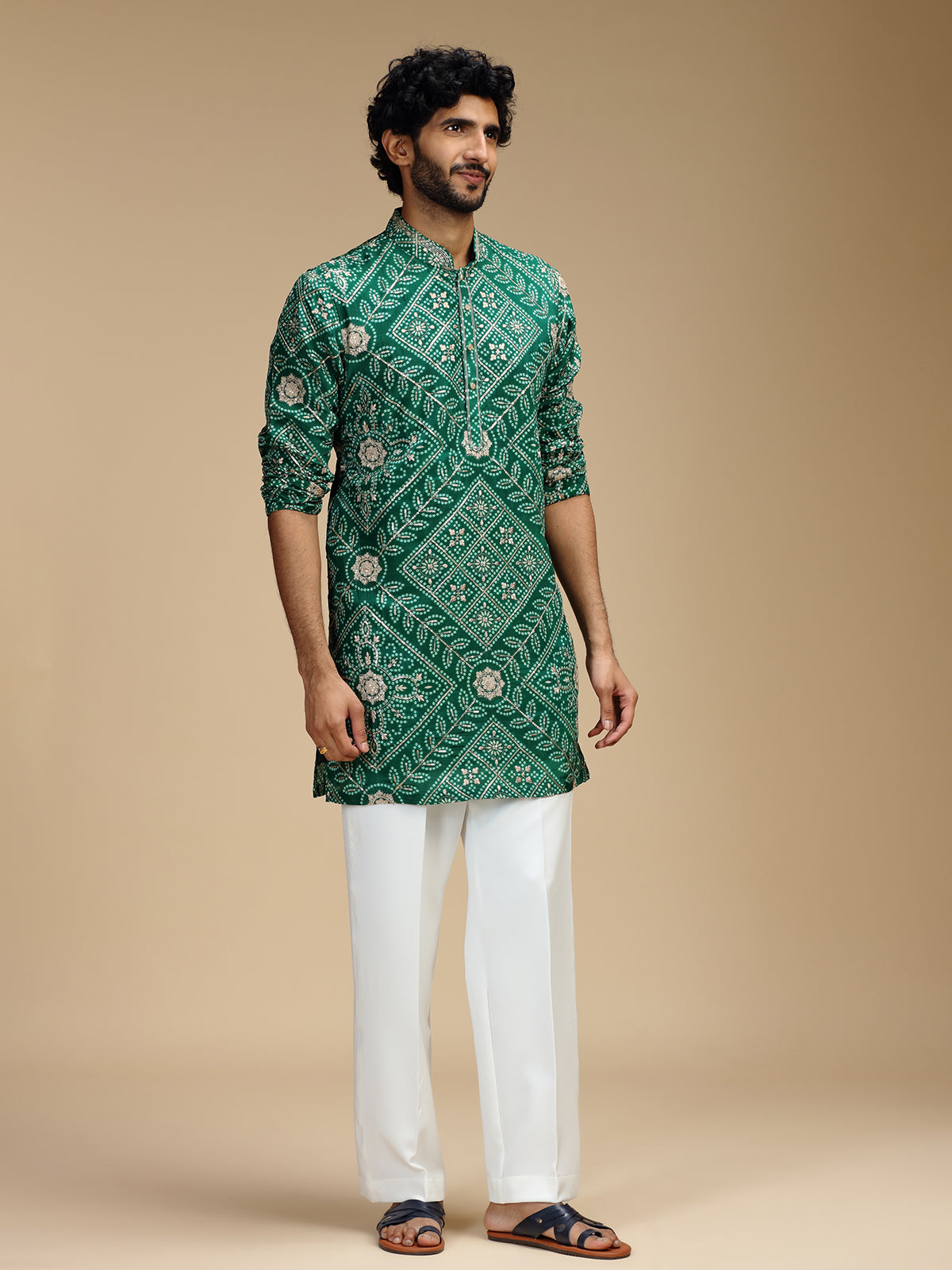 Green art silk mens kurta suit with bandhani print