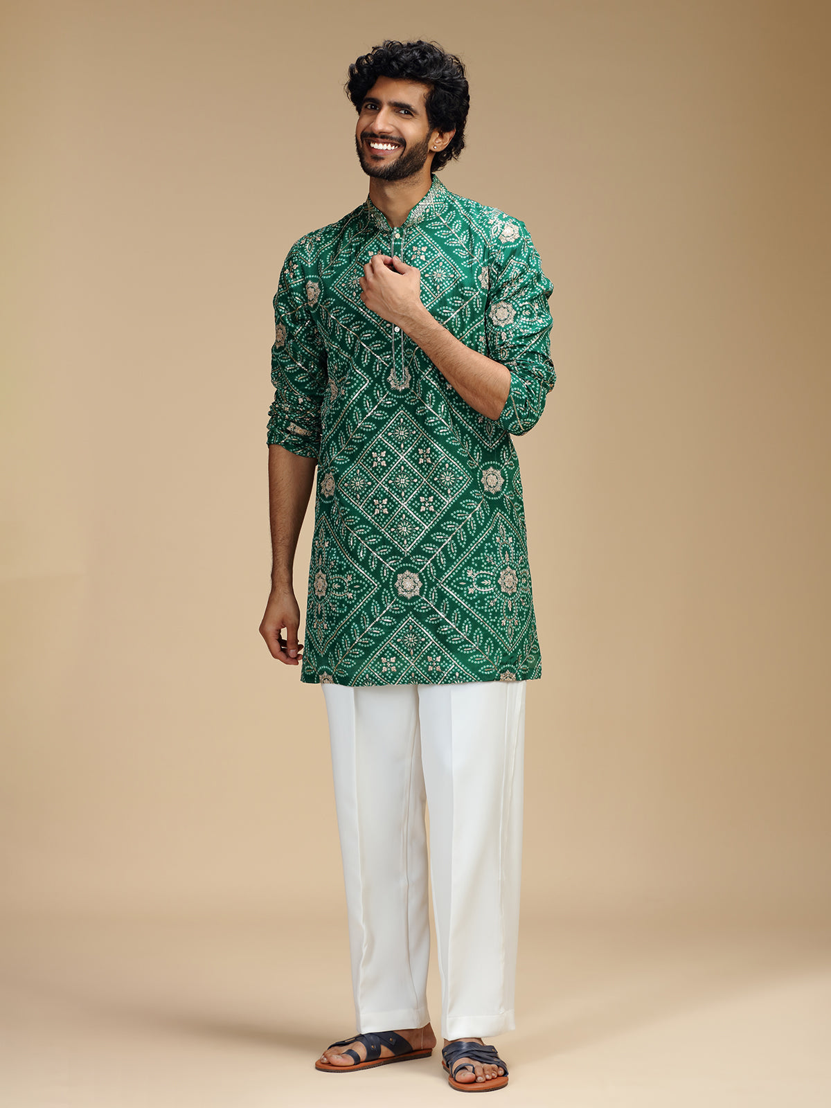 Green art silk mens kurta suit with bandhani print