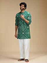 Green art silk mens kurta suit with bandhani print