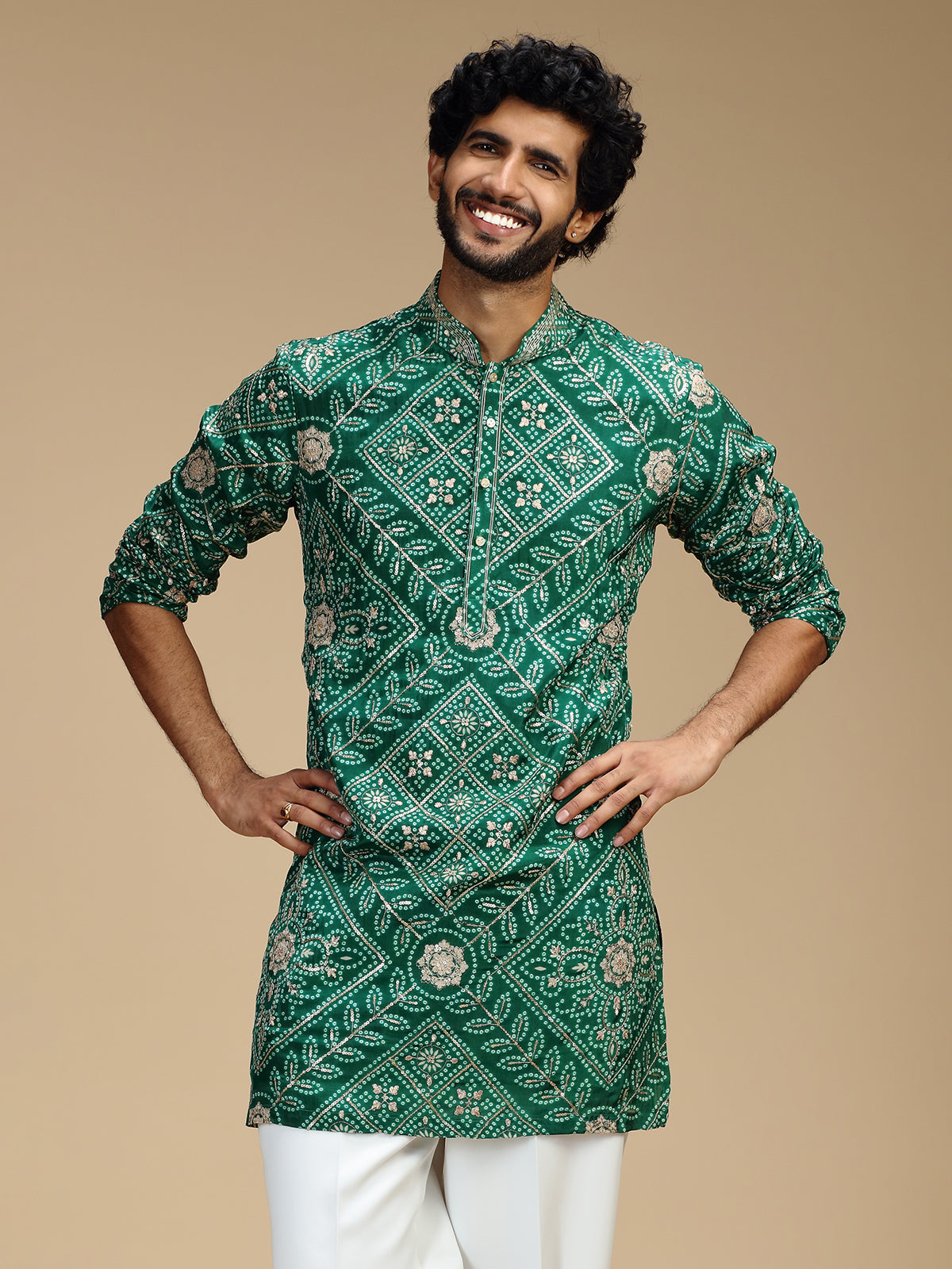 Green art silk mens kurta suit with bandhani print