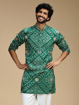 Green pure crepe mens kurta suit with bandhani print