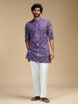 Purple art silk mens kurta suit with floral bandhani