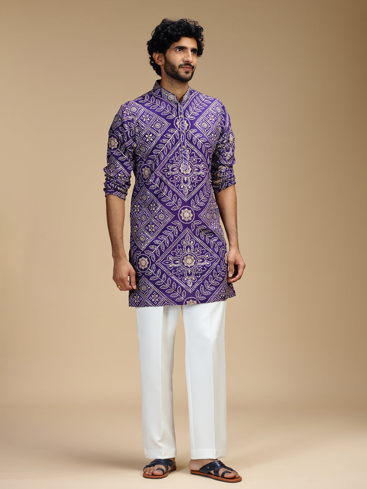 Purple art silk mens kurta suit with floral bandhani