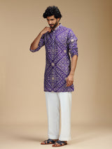 Purple art silk mens kurta suit with floral bandhani