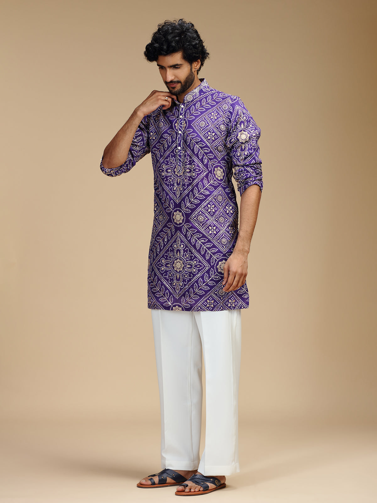 Purple pure crepe mens kurta suit with floral bandhani