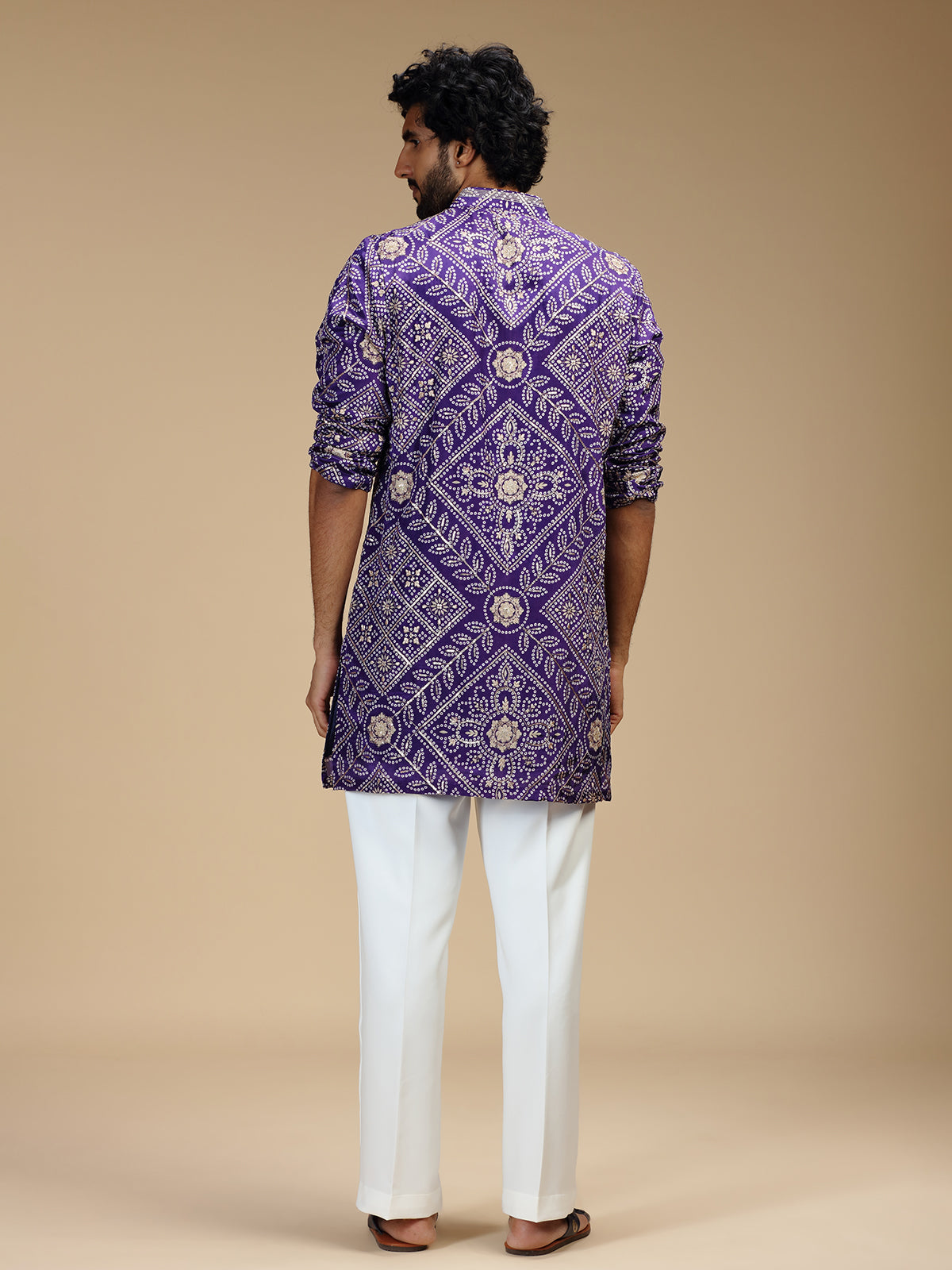 Purple art silk mens kurta suit with floral bandhani