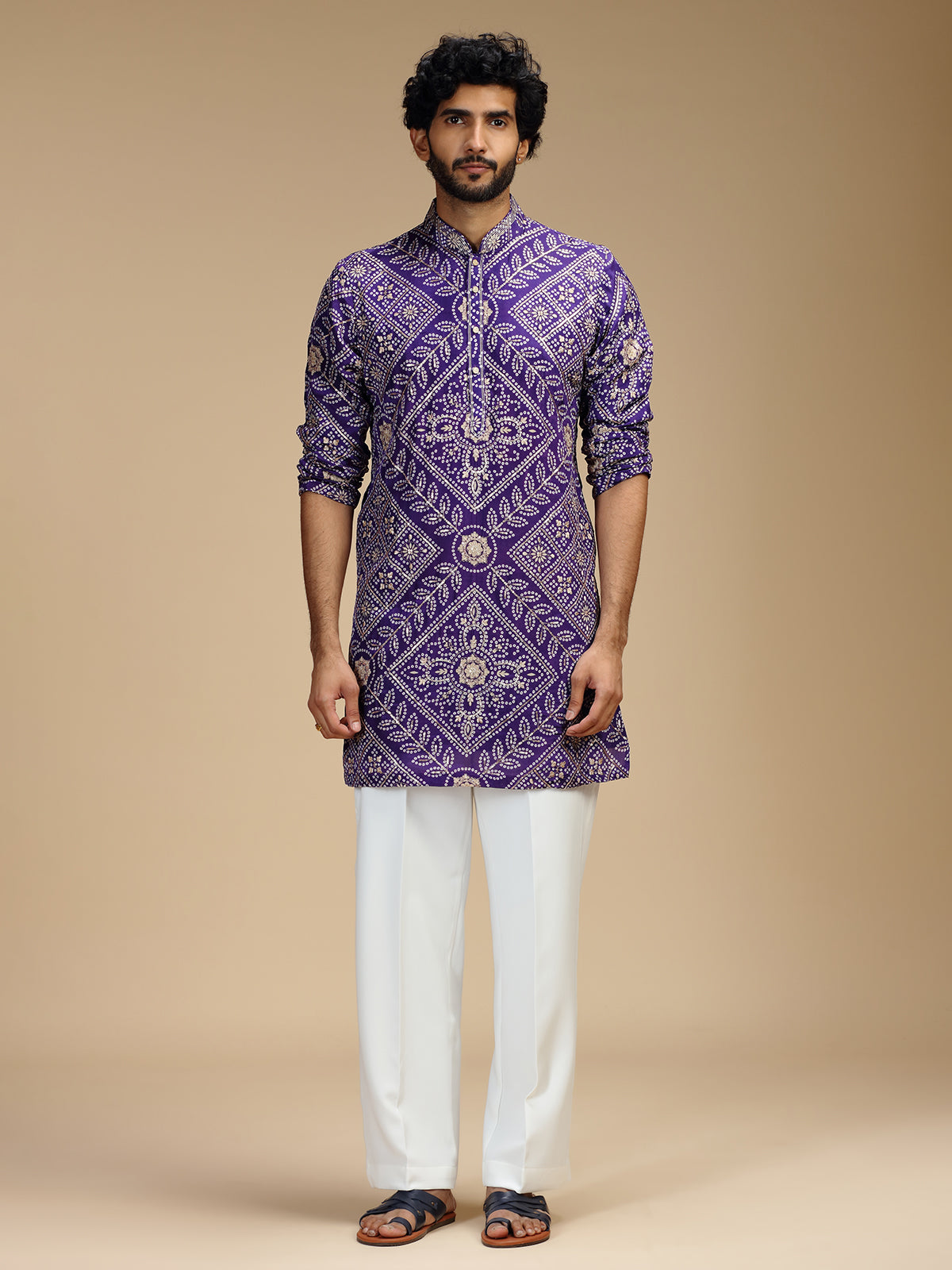 Purple art silk mens kurta suit with floral bandhani