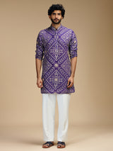 Purple art silk mens kurta suit with floral bandhani