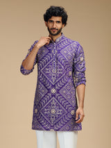 Purple art silk mens kurta suit with floral bandhani