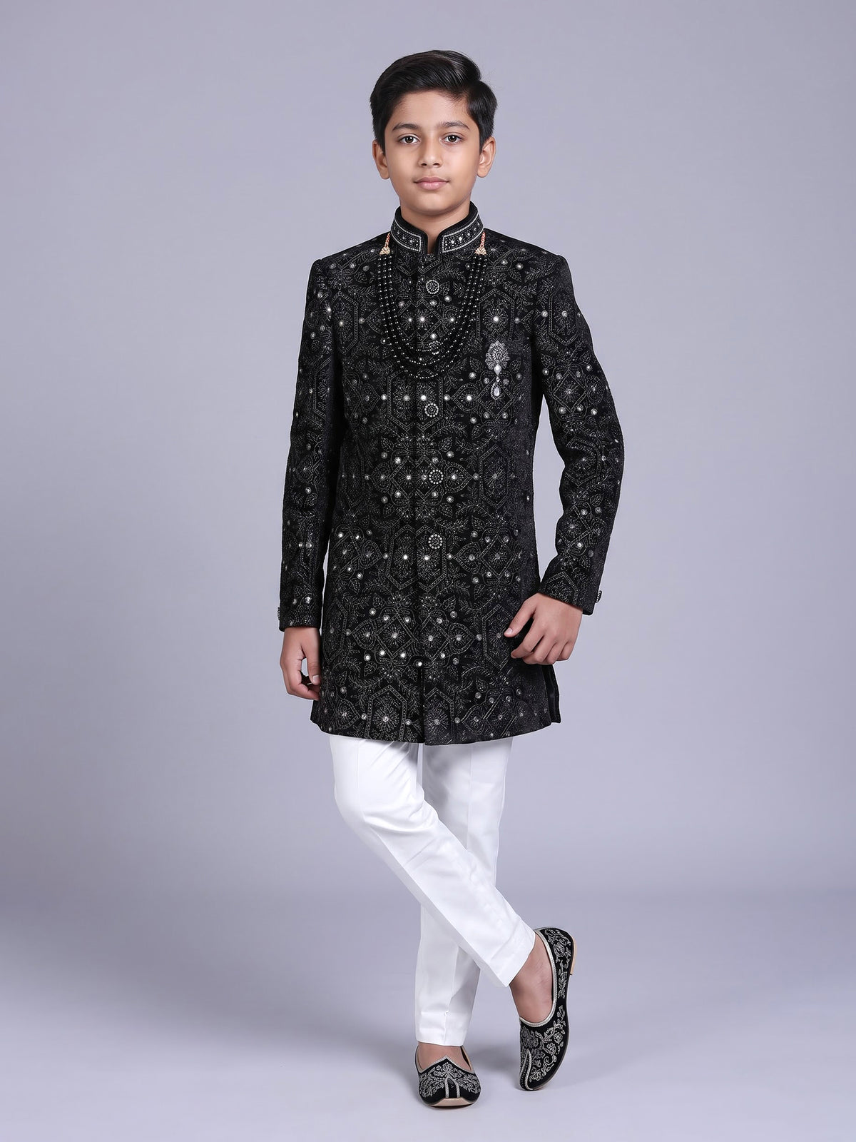Black boys velvet indowestern set with brootch embellishments