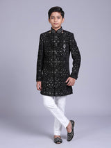 Black boys velvet indowestern set with brootch embellishments