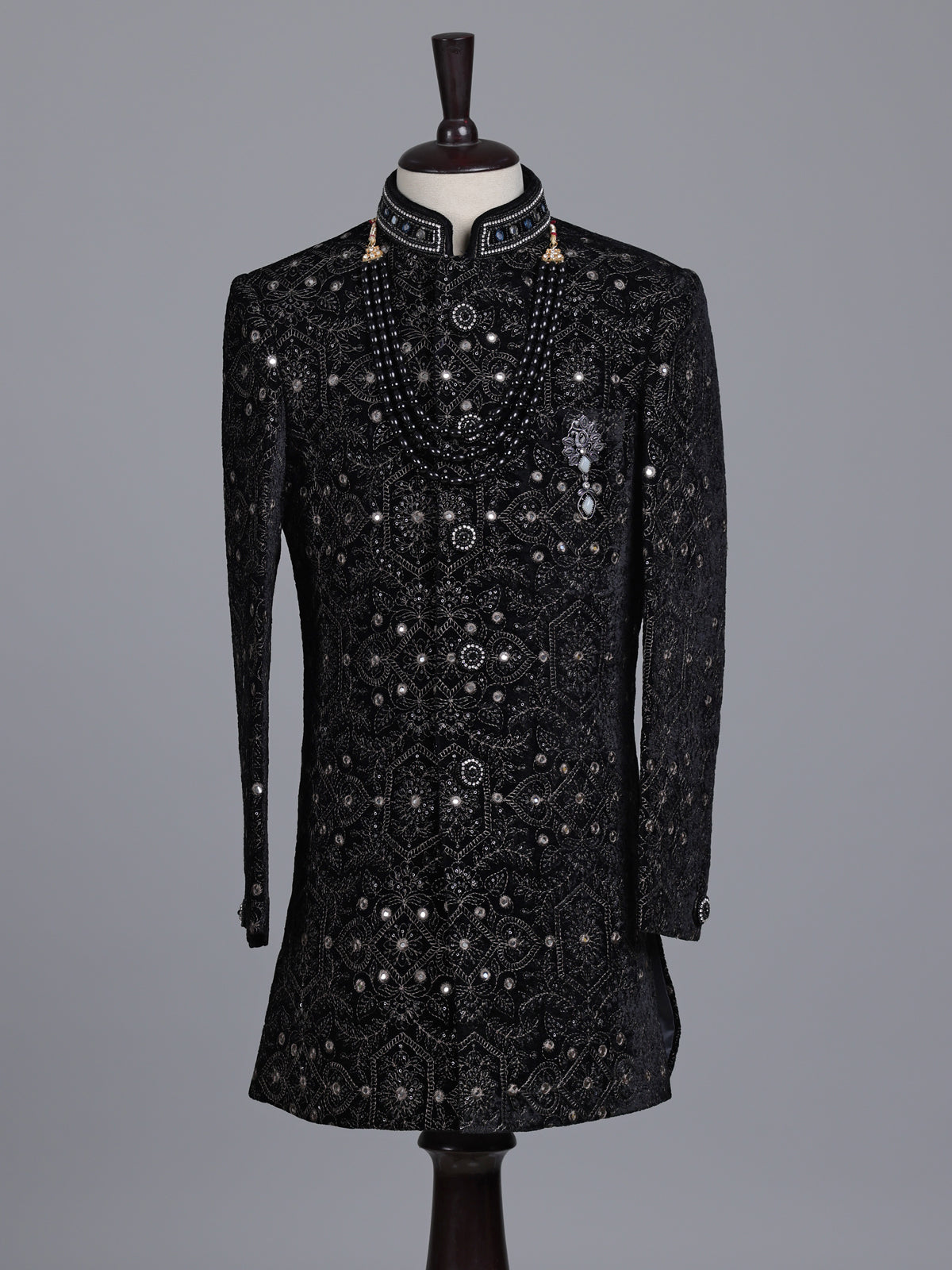 Black boys velvet indowestern set with brootch embellishments