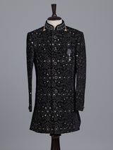 Black boys velvet indowestern set with brootch embellishments