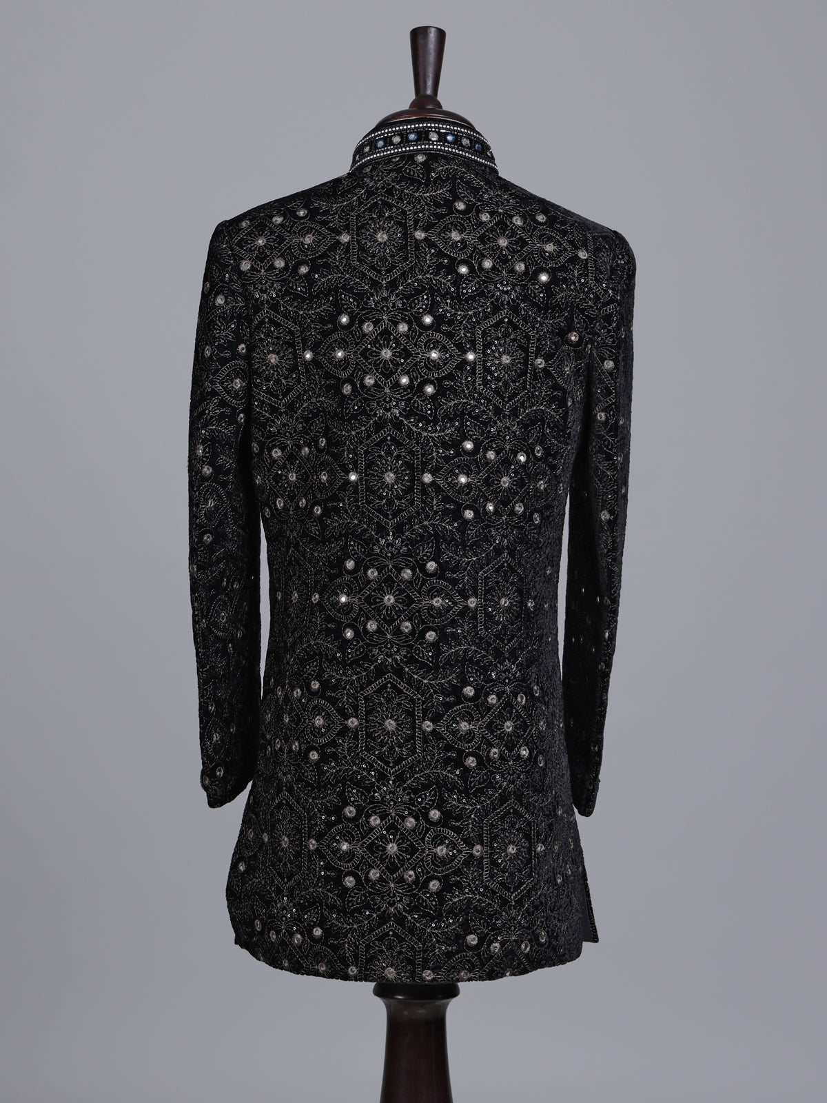 Black boys velvet indowestern set with brootch embellishments