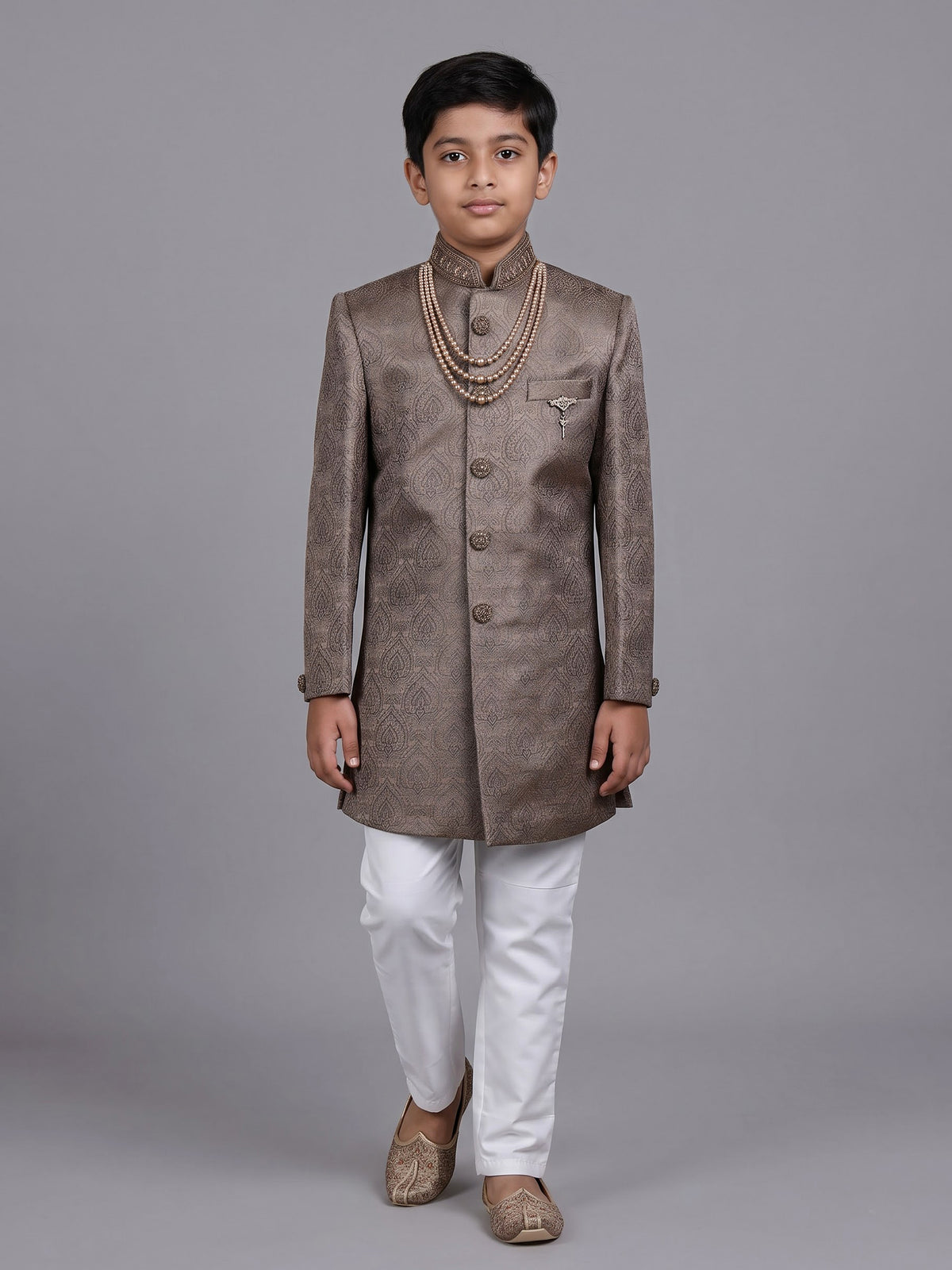 Pastel brown boys poly cotton indowestern set with brootch detailing