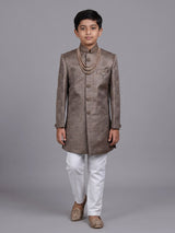 Pastel brown boys poly cotton indowestern set with brootch detailing