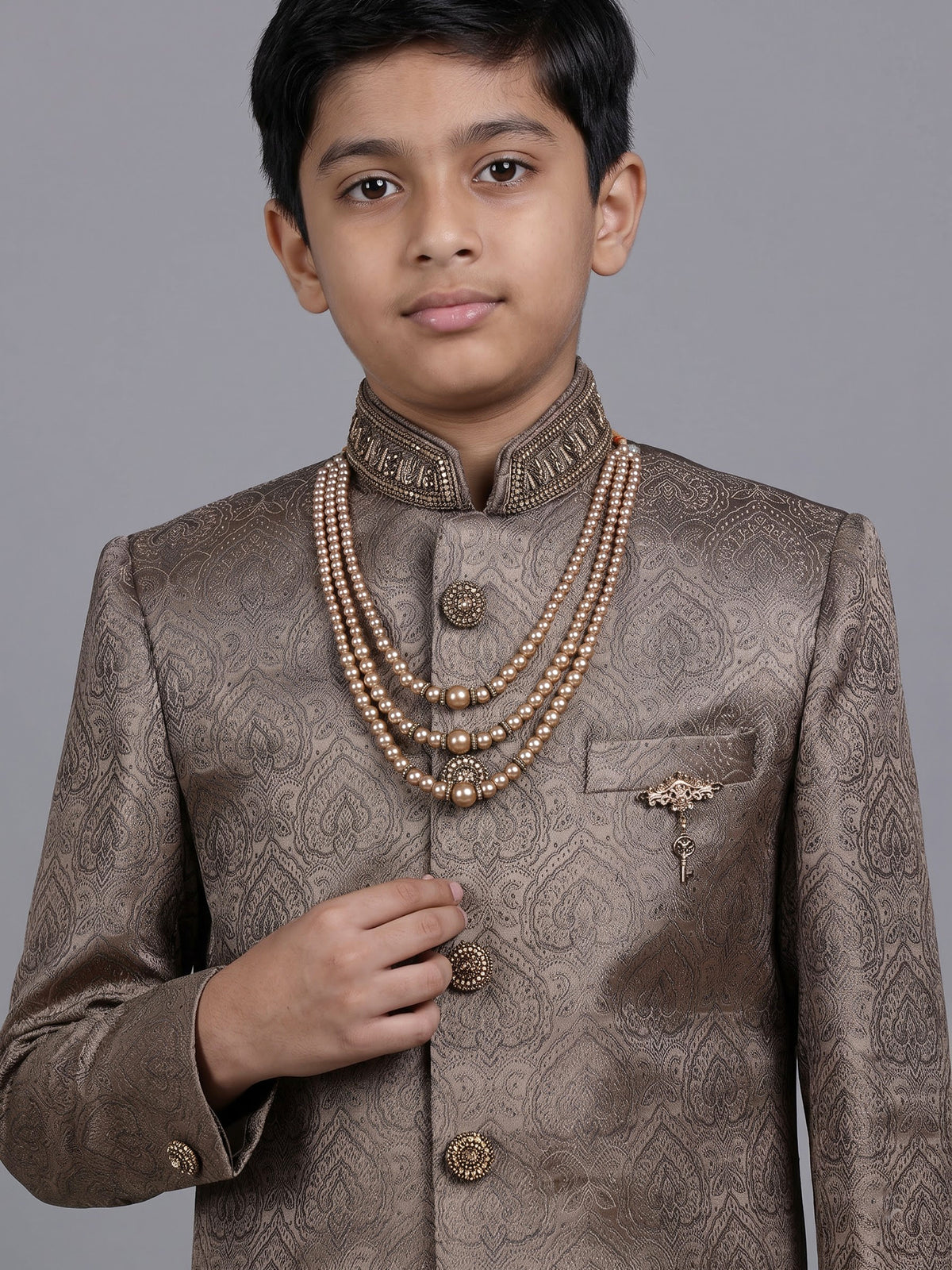 Pastel brown boys poly cotton indowestern set with brootch detailing