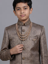 Pastel brown boys poly cotton indowestern set with brootch detailing