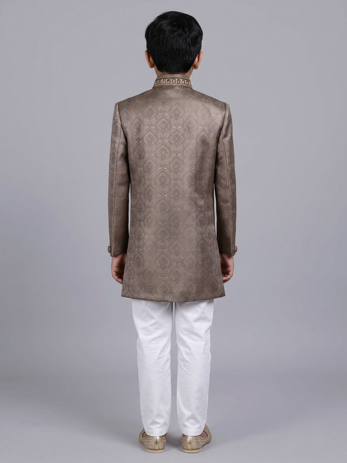 Pastel brown boys poly cotton indowestern set with brootch detailing