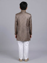 Pastel brown boys poly cotton indowestern set with brootch detailing