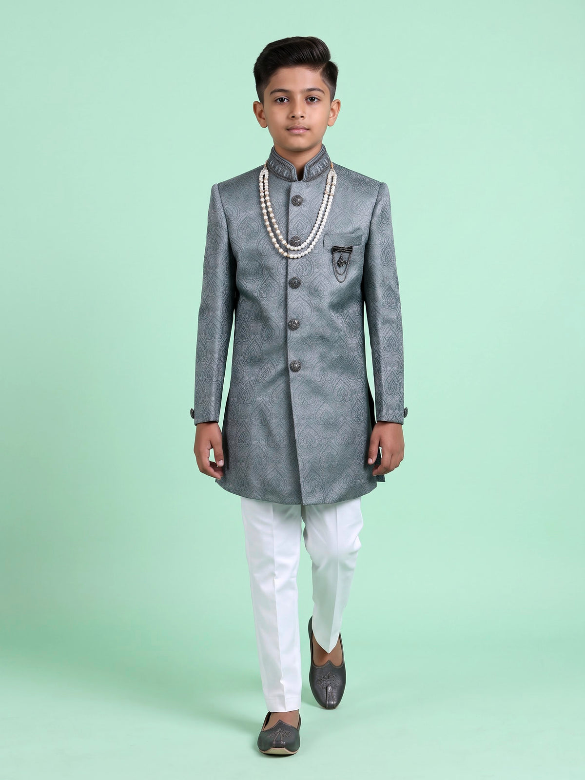 Teal blue boys poly cotton indowestern set with brootch detailing
