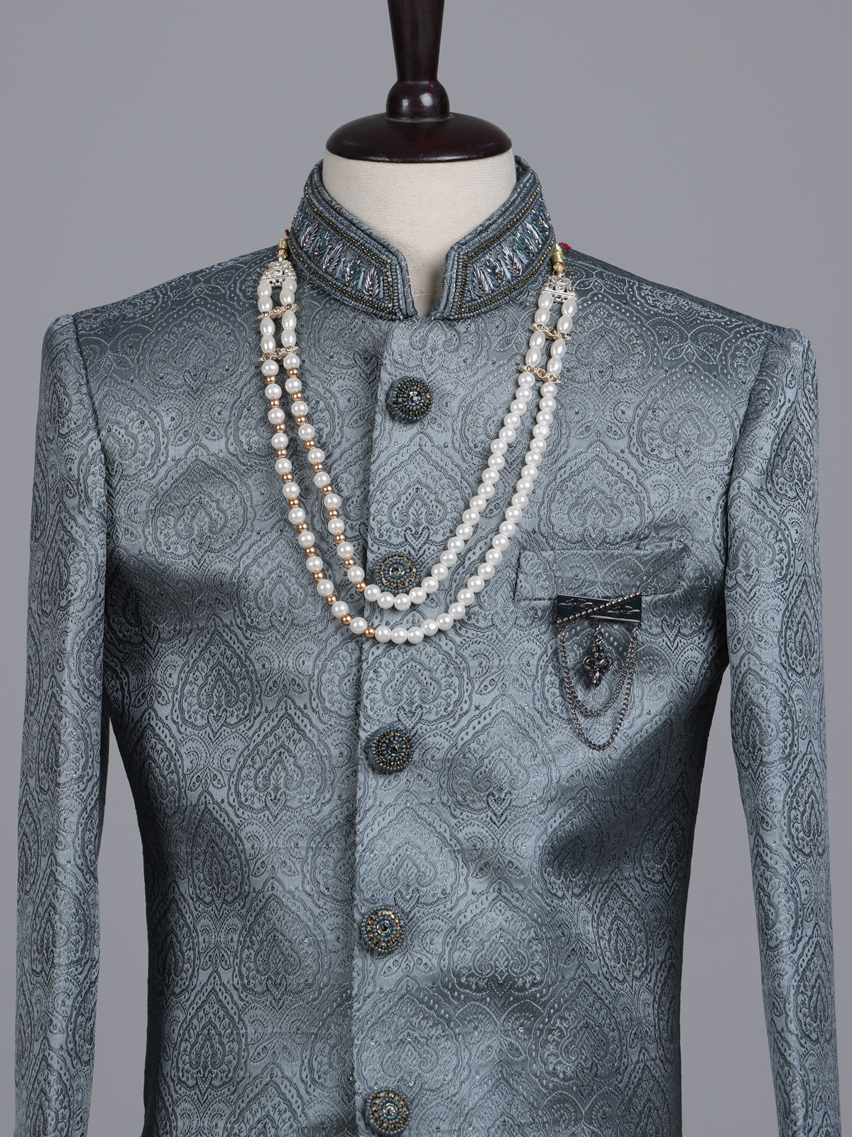 Teal blue boys poly cotton indowestern set with brootch detailing
