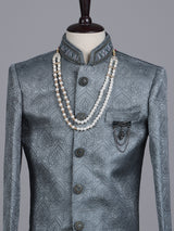 Teal blue boys poly cotton indowestern set with brootch detailing