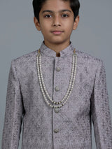 Lilac purple boys poly cotton indowestern set with stone embroidery