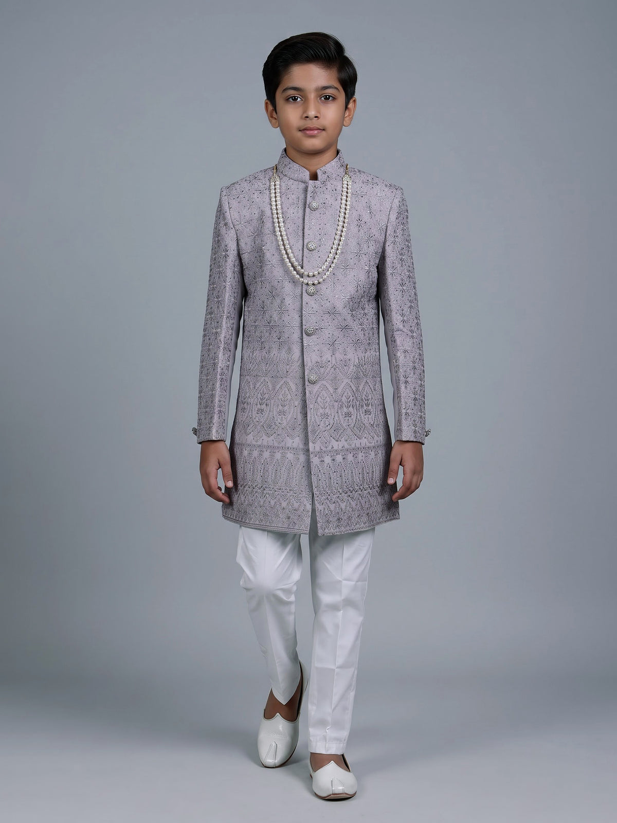 Lilac purple boys poly cotton indowestern set with stone embroidery