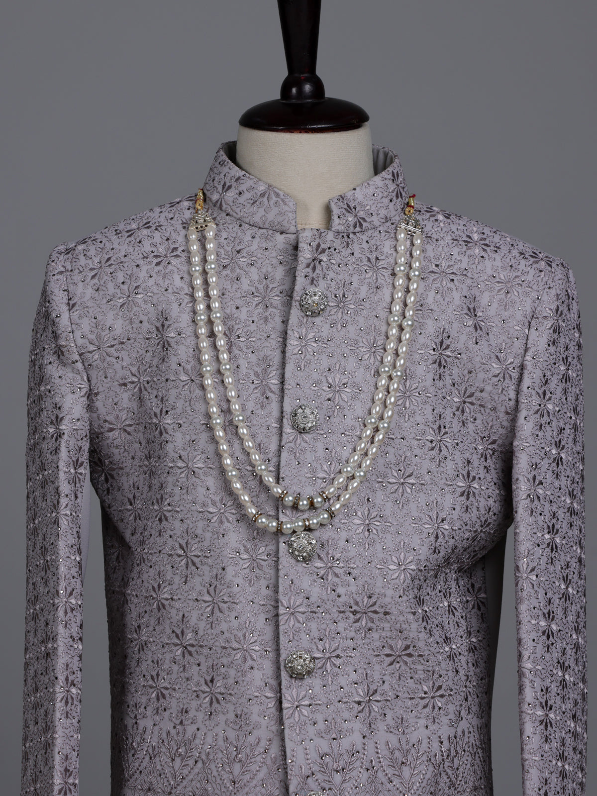 Lilac purple boys poly cotton indowestern set with stone embroidery