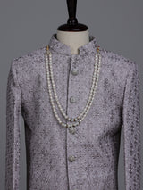 Lilac purple boys poly cotton indowestern set with stone embroidery