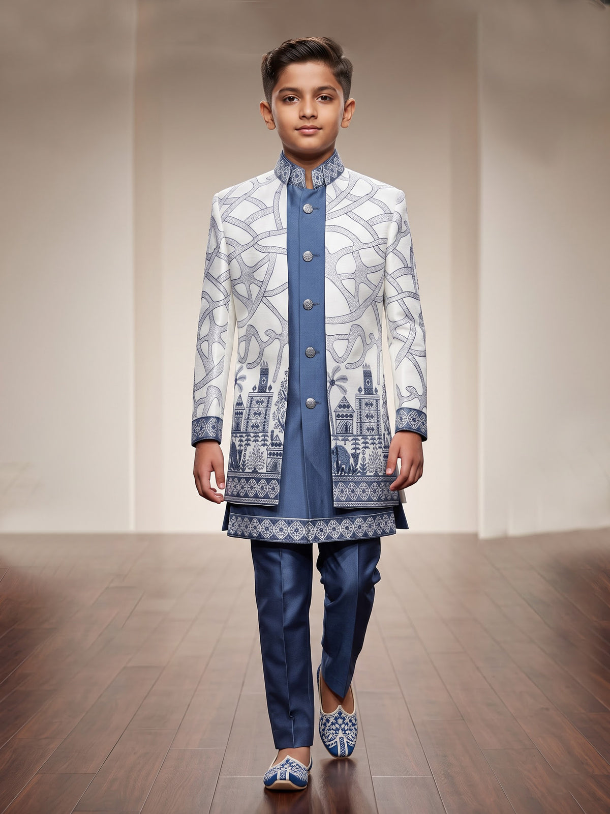 White and stone blue boys silk blend indowestern set with embroidery