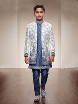 White and stone blue boys silk blend indowestern set with embroidery