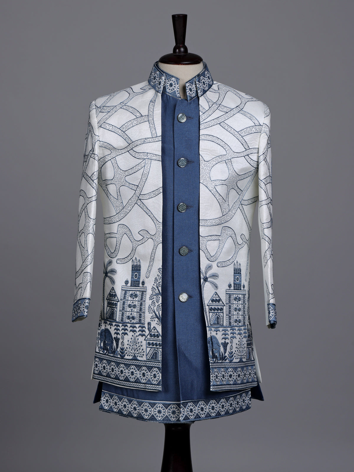 White and stone blue boys silk blend indowestern set with embroidery