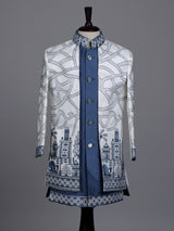 White and stone blue boys silk blend indowestern set with embroidery