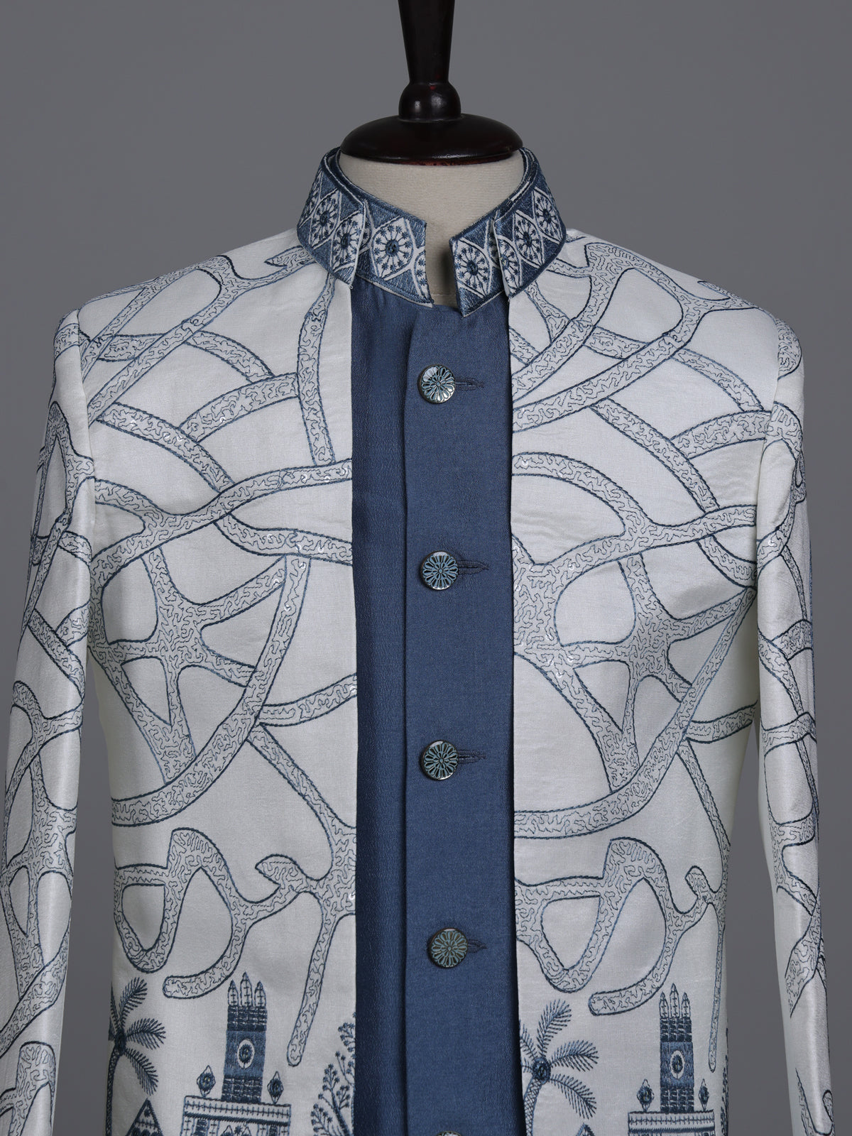 White and stone blue boys silk blend indowestern set with embroidery
