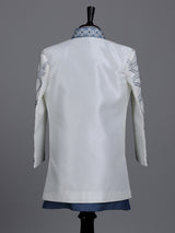 White and stone blue boys silk blend indowestern set with embroidery