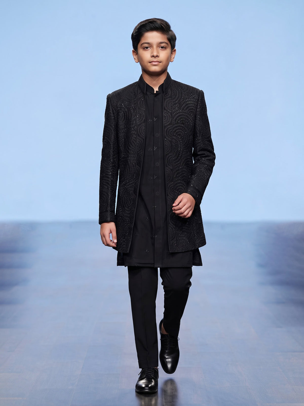 Black boys georgette silk indowestern set with long jacket