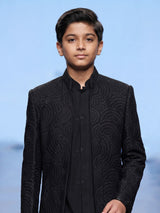 Black boys georgette silk indowestern set with long jacket