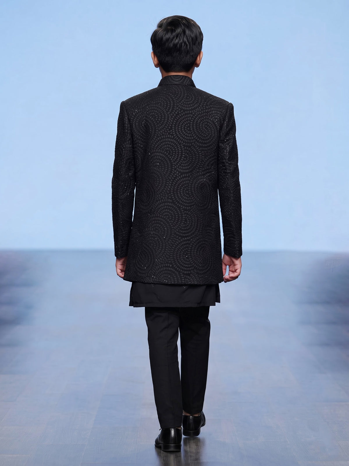 Black boys georgette silk indowestern set with long jacket