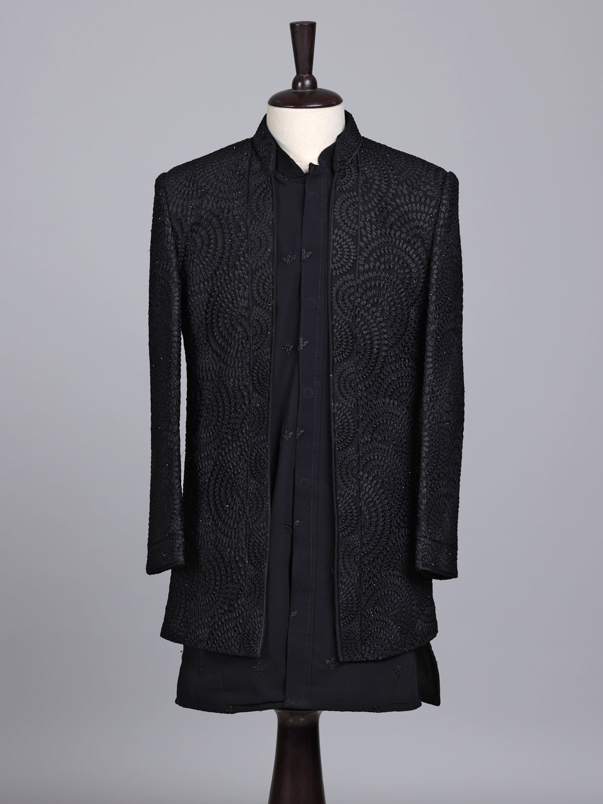Black boys georgette silk indowestern set with long jacket
