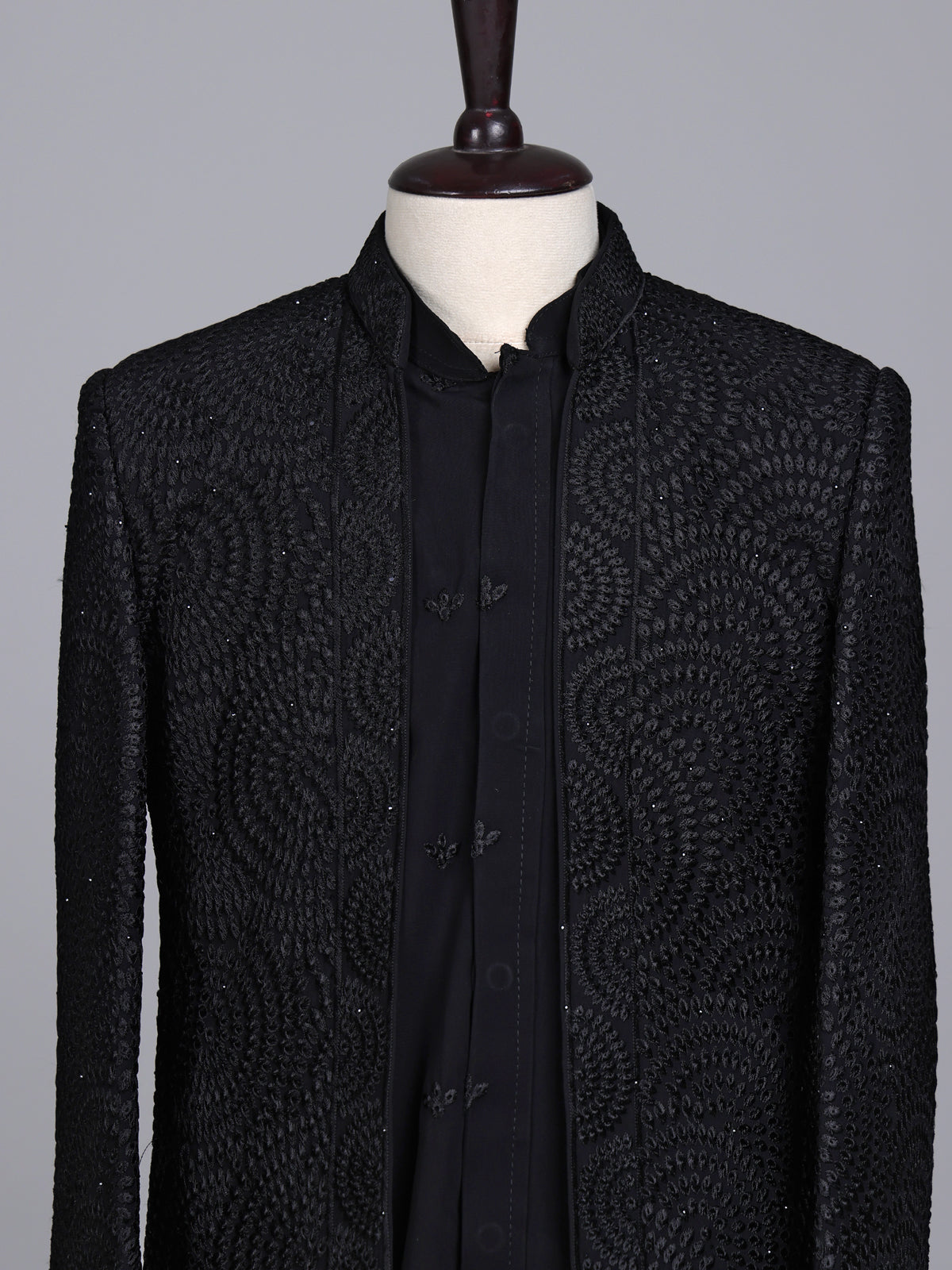 Black boys georgette silk indowestern set with long jacket