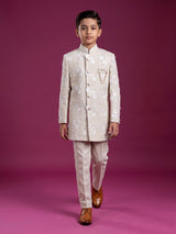 Cream boys linen indowestern set with elegant floral threadwork