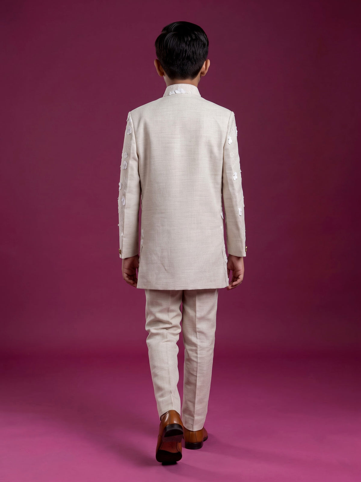 Cream boys linen indowestern set with elegant floral threadwork