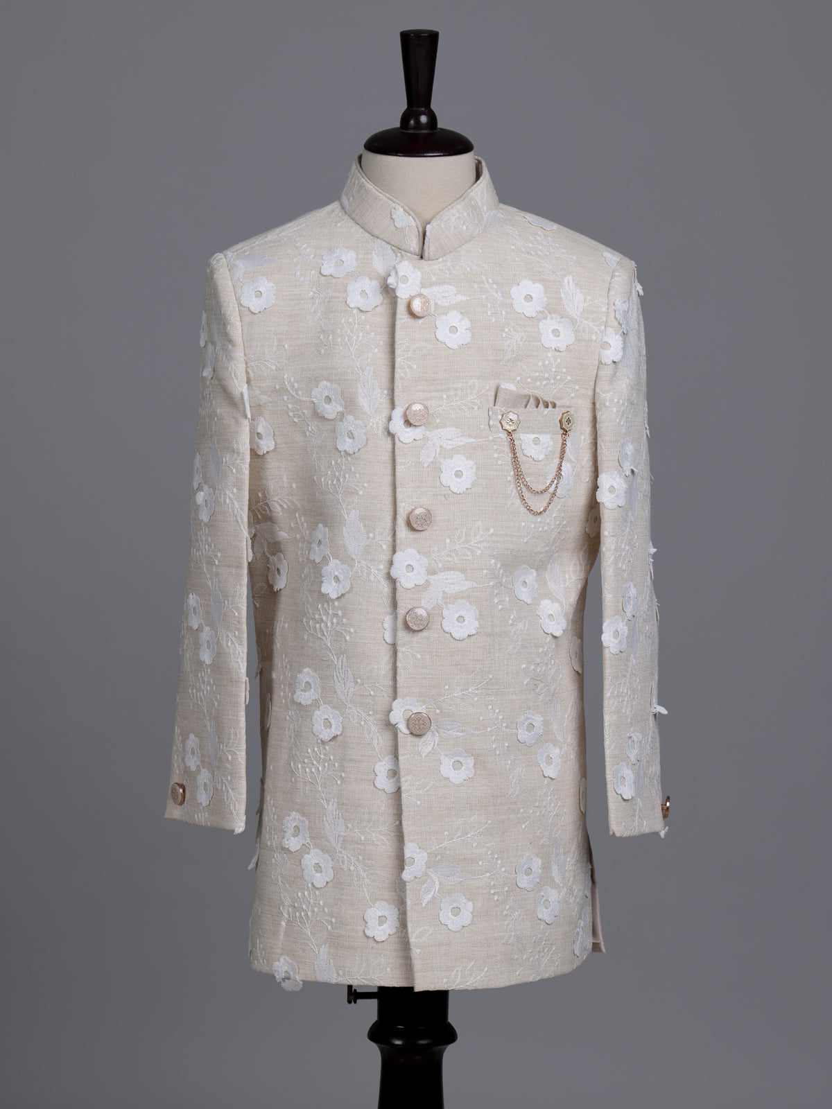 Cream boys linen indowestern set with elegant floral threadwork