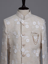 Cream boys linen indowestern set with elegant floral threadwork