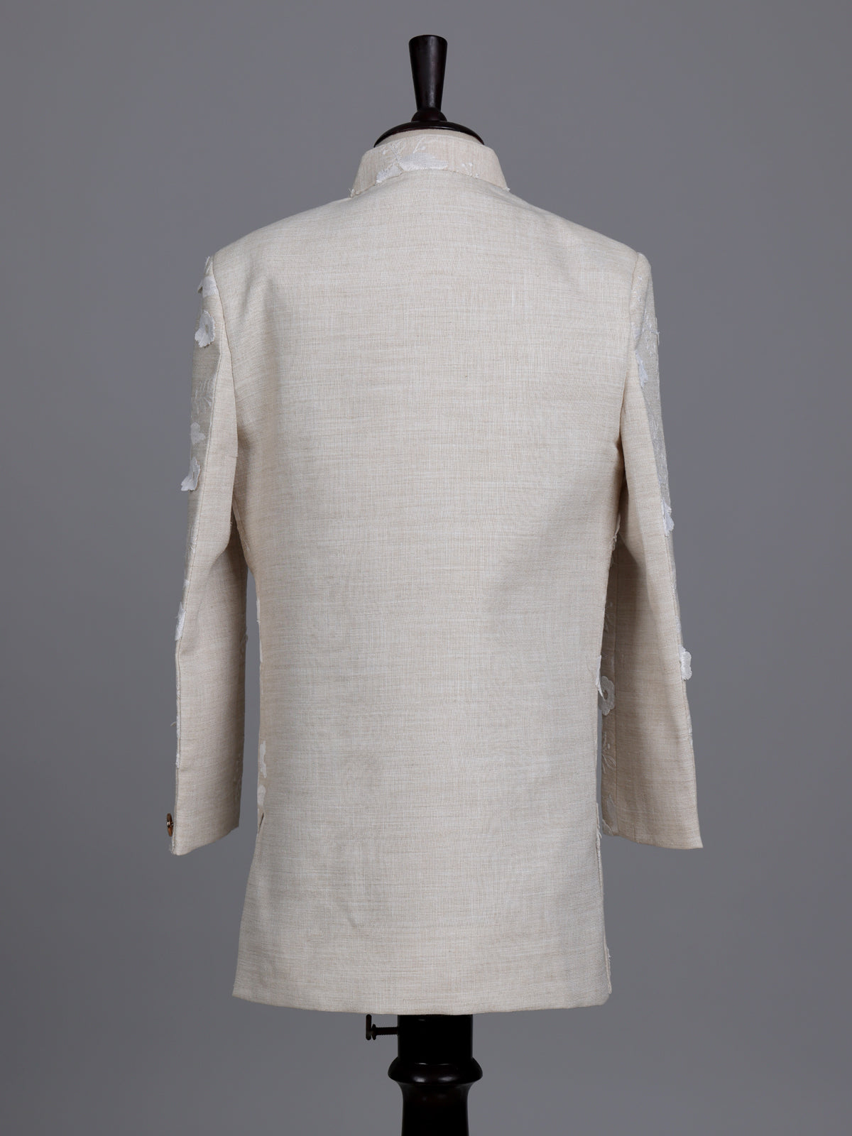 Cream boys linen indowestern set with elegant floral threadwork