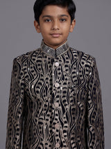Black boys poly cotton indowestern set with golden threadwork