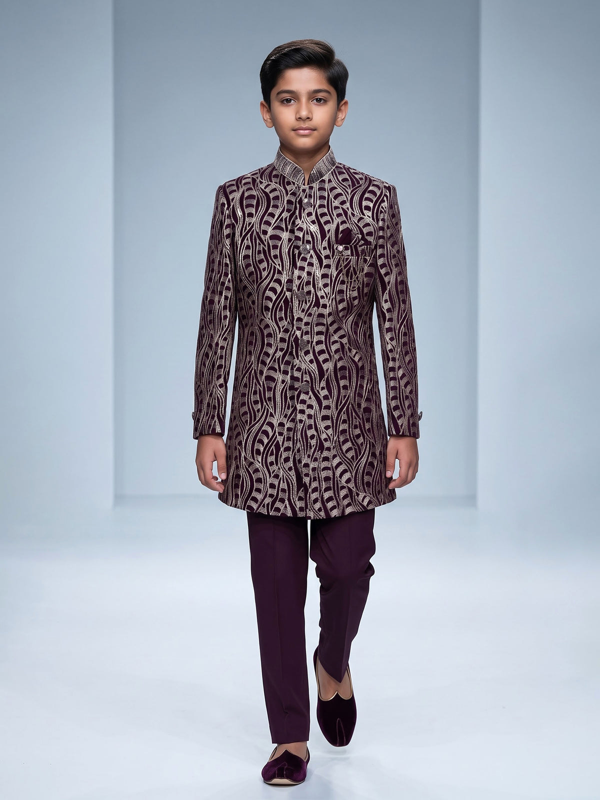 Wine boys poly cotton indowestern set with golden sequins